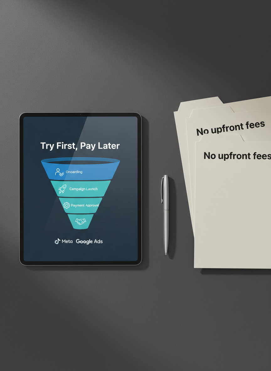 A close-up, photographic view of a tablet lying on a smooth charcoal desk, its screen showing a clear, step-by-step funnel labeled "Try First, Pay Later" for digital ad campaigns. Simple icons indicate onboarding, campaign launch, optimization, and payment approval, all styled in clean blues and teals. Beside the tablet are neatly stacked contract-free folders stamped "No upfront fees" and a metallic pen aligned perfectly parallel. Soft overhead lighting creates subtle highlights on the tablet’s glass surface and gentle shadows along the desk’s texture. Shot from a top-down, bird’s-eye perspective with crisp clarity, the composition feels structured and transparent. The mood is reassuring, low-risk, and professional, emphasizing the frictionless business model for clients testing Meta, Google, and TikTok ads before committing payment.