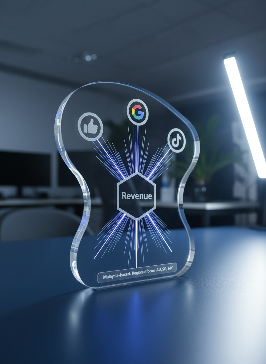 A high-resolution close-up of a transparent acrylic flowchart sitting on a deep navy tabletop, etched with icons representing Meta, Google, and TikTok ads feeding into a centralized results hub labeled "Revenue". Thin, glowing lines connect the platforms to the hub, suggesting data flow and attribution. A small engraved tag at the base reads "Malaysia-based. Regional focus: AU, SG, MY". The scene is lit with cool, directional LED light from the upper right, producing crisp highlights along the acrylic edges and subtle reflections on the tabletop. Photographed from a slightly low angle, the background fades into a soft, blurred office environment. The mood is technical, polished, and innovative, rendered in photographic realism to convey integrated, performance-centric ad strategies.