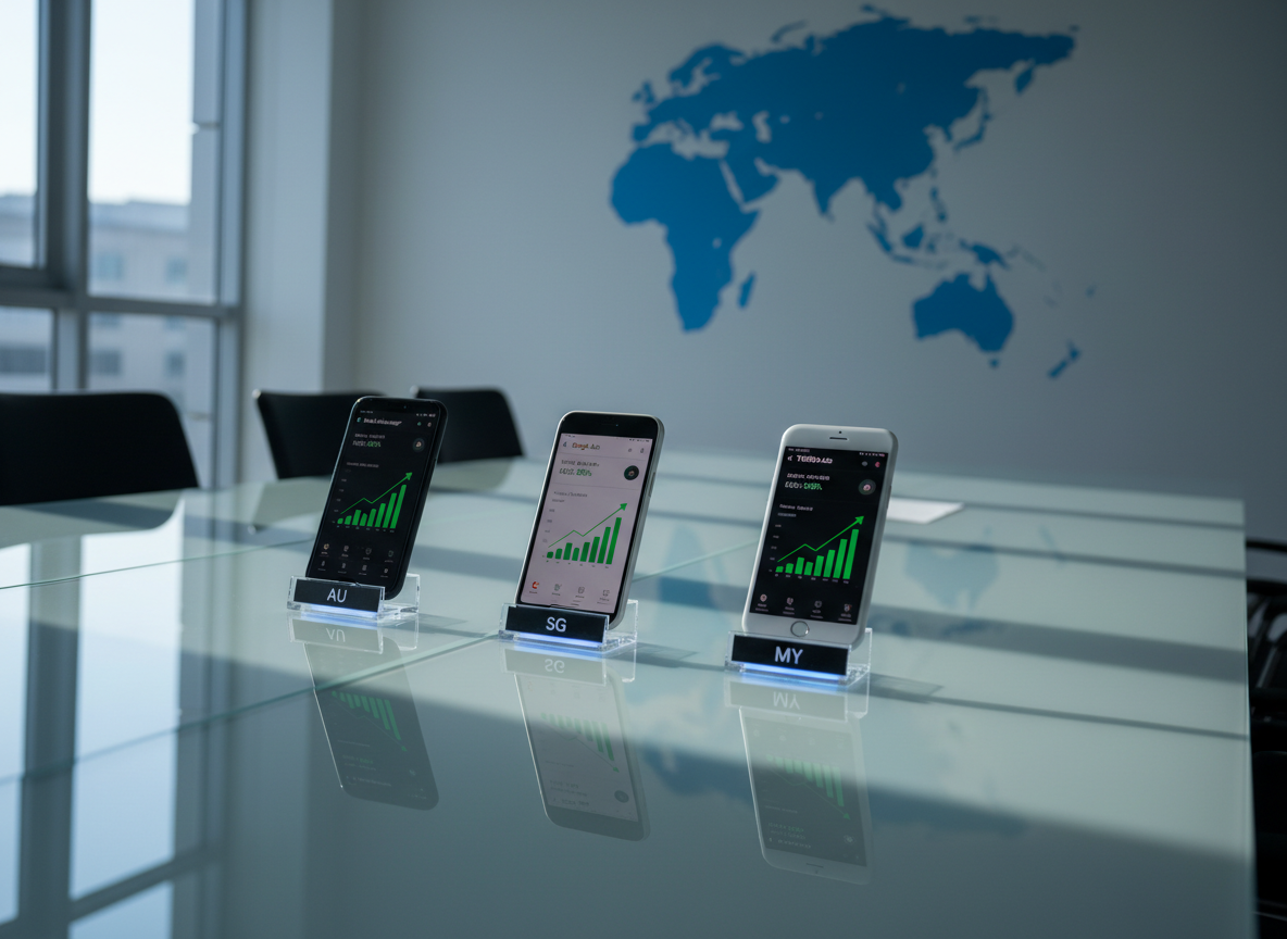 A large, glossy glass table displaying three modern smartphones placed in a precise diagonal line, each phone showing a different app interface: Meta Ads Manager, Google Ads, and TikTok Ads, all with green upward-trending charts and clear ROI percentages. Under each phone, a small transparent acrylic card reads "AU", "SG", and "MY" respectively, subtly lit from below. The surrounding office environment is minimalist with cool grey walls and a blurred world map highlighting Southeast Asia and Oceania. Directional side lighting from a window casts defined but soft shadows, adding depth without clutter. Photographed from an angled overhead shot, the image uses photographic realism and a cool, professional color palette to suggest regional expertise and performance-focused digital advertising across multiple markets.