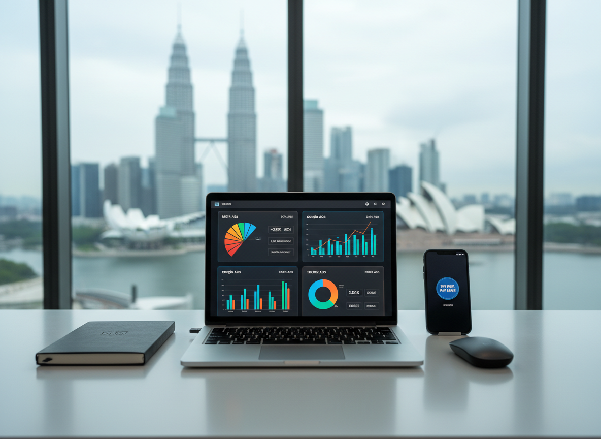 A sleek silver laptop open on a clean white desk, its screen displaying a vibrant dashboard of Meta, Google, and TikTok ad analytics with colorful charts and bold KPIs. Around it, neatly arranged are a dark graphite notebook, a wireless mouse, and a slim smartphone showing a "try first, pay later" confirmation badge. The setting is a high-rise office with floor-to-ceiling windows revealing an abstracted city skyline of Kuala Lumpur, Singapore, and Sydney in soft focus. Cool, diffused daylight fills the room, creating crisp reflections on the laptop’s metallic surface. Photographed at eye level with a shallow depth of field, the mood is professional, confident, and data-driven, emphasizing photographic realism and a clean, modern aesthetic suitable for a digital marketing business homepage hero image.