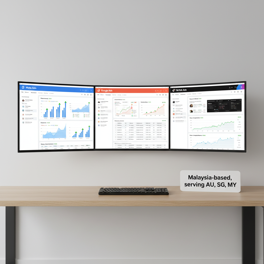 A large wall-mounted ultra-wide monitor in a minimalist office, displaying three side-by-side browser windows labeled Meta Ads, Google Ads, and TikTok Ads, each filled with active campaign dashboards and rising performance graphs. Beneath the screen sits a slim black keyboard on a light oak desk, next to a branded card that reads "Malaysia-based, serving AU, SG, MY" in sharp typography. Soft, even studio lighting illuminates the scene without harsh shadows, highlighting the glossy screen details while keeping the surroundings neutral. Captured from a slightly elevated angle with sharp focus throughout, the composition feels balanced and organized. The atmosphere is precise, analytical, and trustworthy, rendered in photographic realism to convey expert cross-platform digital ad management for international brands.