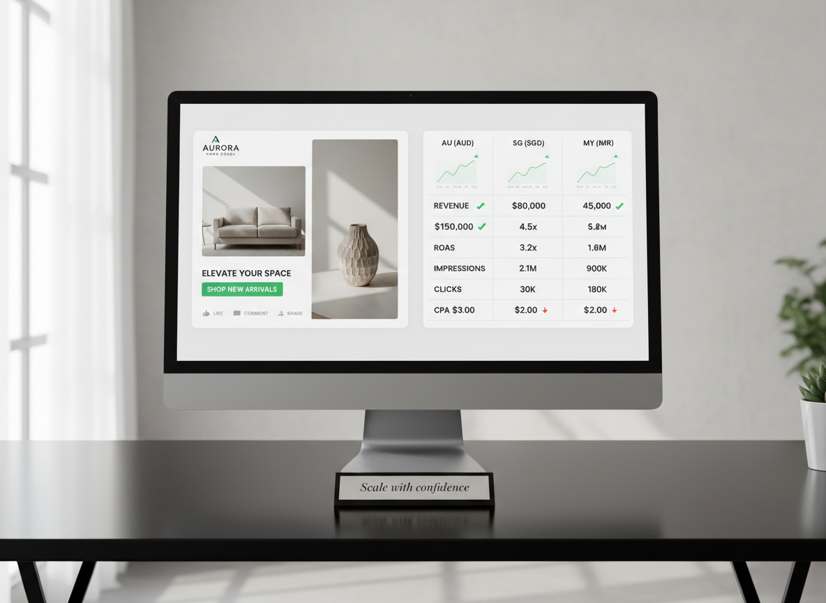 A split-screen style image on a large desktop monitor, where the left half shows a simulated ad creative preview for a modern e-commerce brand, and the right half shows detailed performance metrics for AU, SG, and MY, each in its own column. The monitor stands on a tidy, matte-black desk with a subtle reflection of the screen on its surface. A small, elegant desk plaque reads "Scale with confidence". Neutral, diffused daylight enters from the left, gently illuminating the monitor’s bezel and creating soft gradients on the wall behind. Shot at a straight-on eye level with moderate depth of field, everything remains sharply legible. The atmosphere is strategic and growth-oriented, with photographic realism emphasizing clarity, precision, and professional digital marketing capabilities.